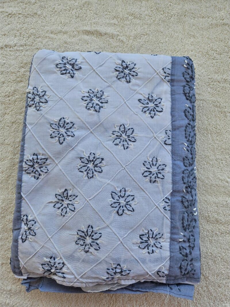 Hand embroidered Pure Cotton Lucknow Chikankari Dress Material with Chiffon dupatta - Grey and White