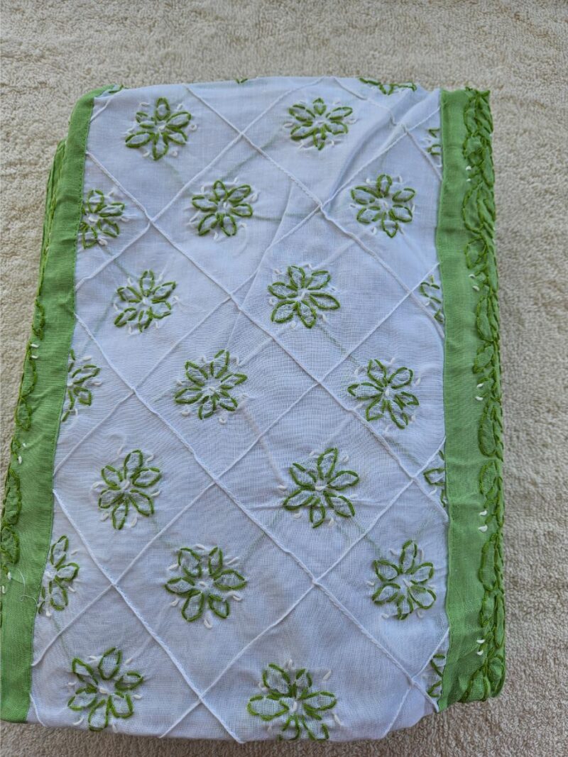 Hand embroidered Pure Cotton Lucknow Chikankari Dress Material with Chiffon dupatta - Green and White