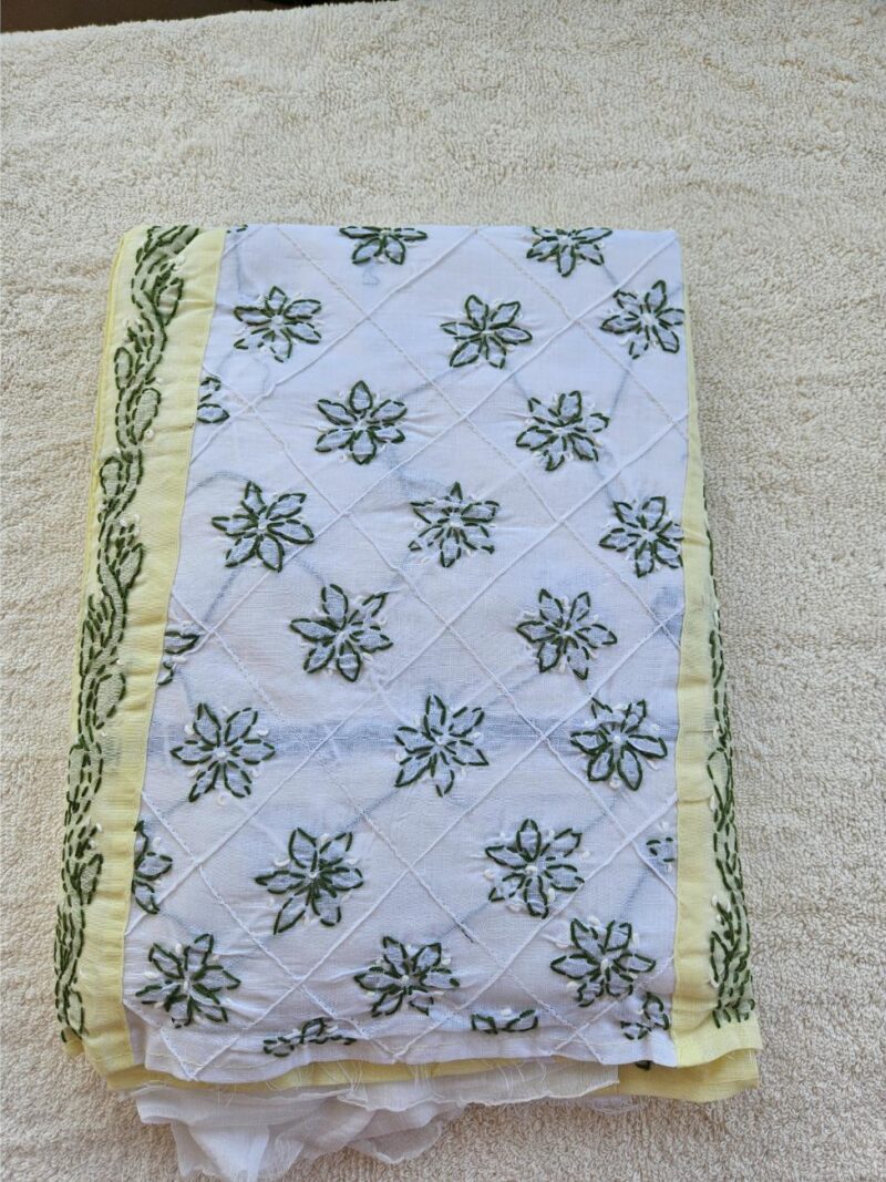 Hand embroidered Pure Cotton Lucknow Chikankari Dress Material with Chiffon dupatta - Yellow and White