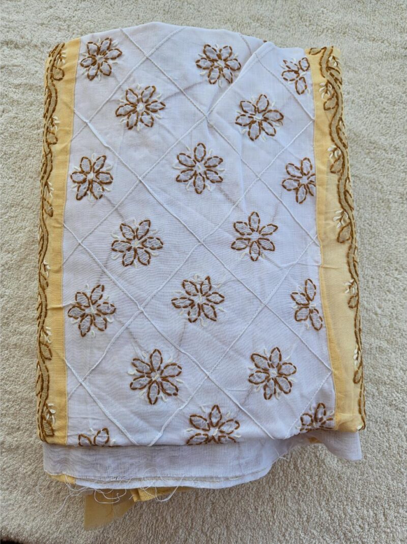 Hand embroidered Pure Cotton Lucknow Chikankari Dress Material with Chiffon dupatta - Badami and White