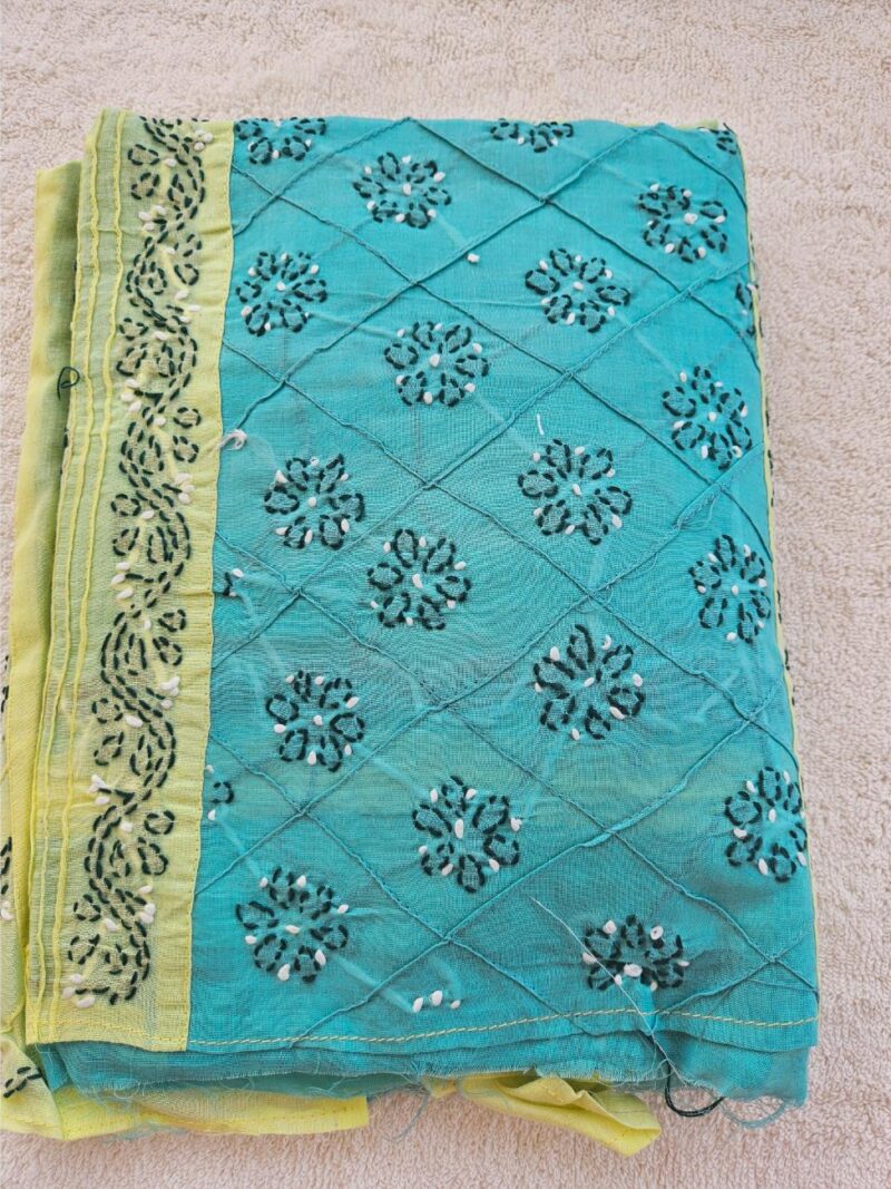 Hand embroidered Pure Cotton Lucknow Chikankari Dress Material with Chiffon dupatta - Green and Terquoise