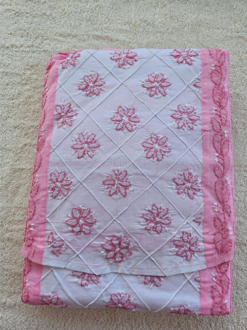 Hand embroidered Pure Cotton Lucknow Chikankari Dress Material with Chiffon dupatta - Pink and White