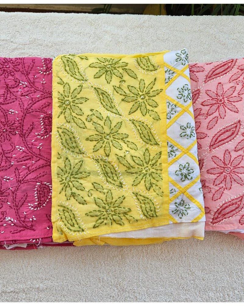 Hand embroidered Pure Cotton Lucknow Chikankari Dress Material with Chiffon dupatta - Yellow and White