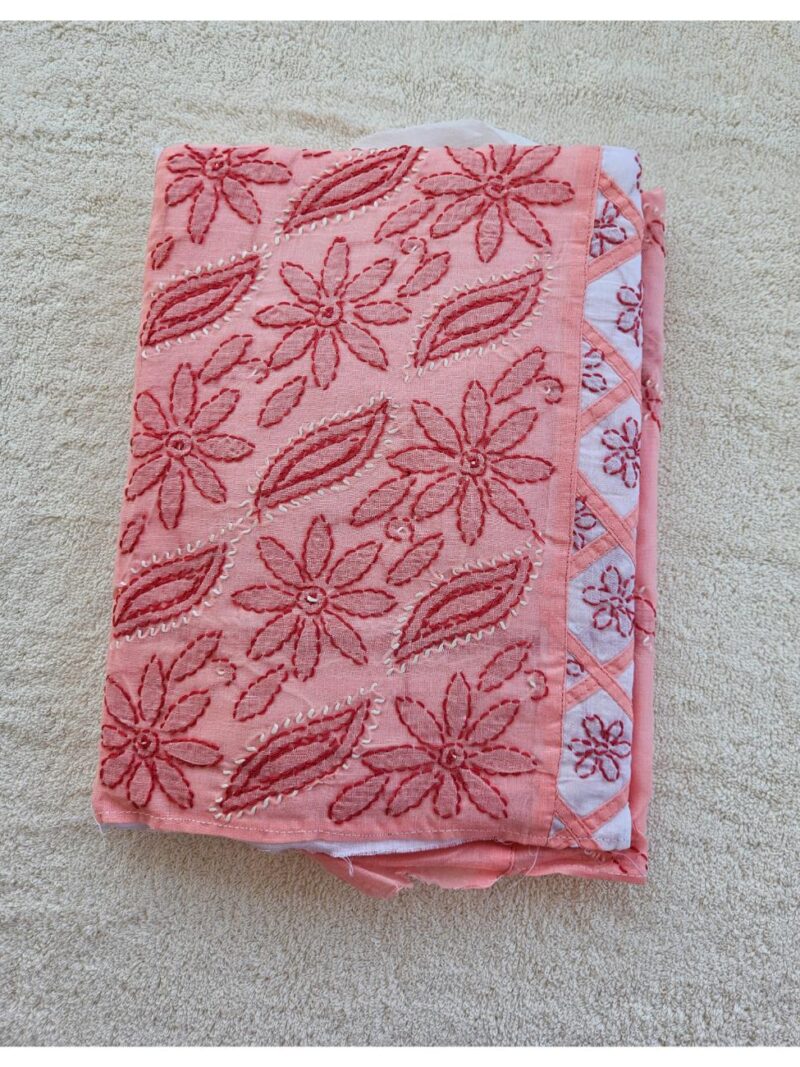 Hand embroidered Pure Cotton Lucknow Chikankari Dress Material with Chiffon dupatta - Peach and White