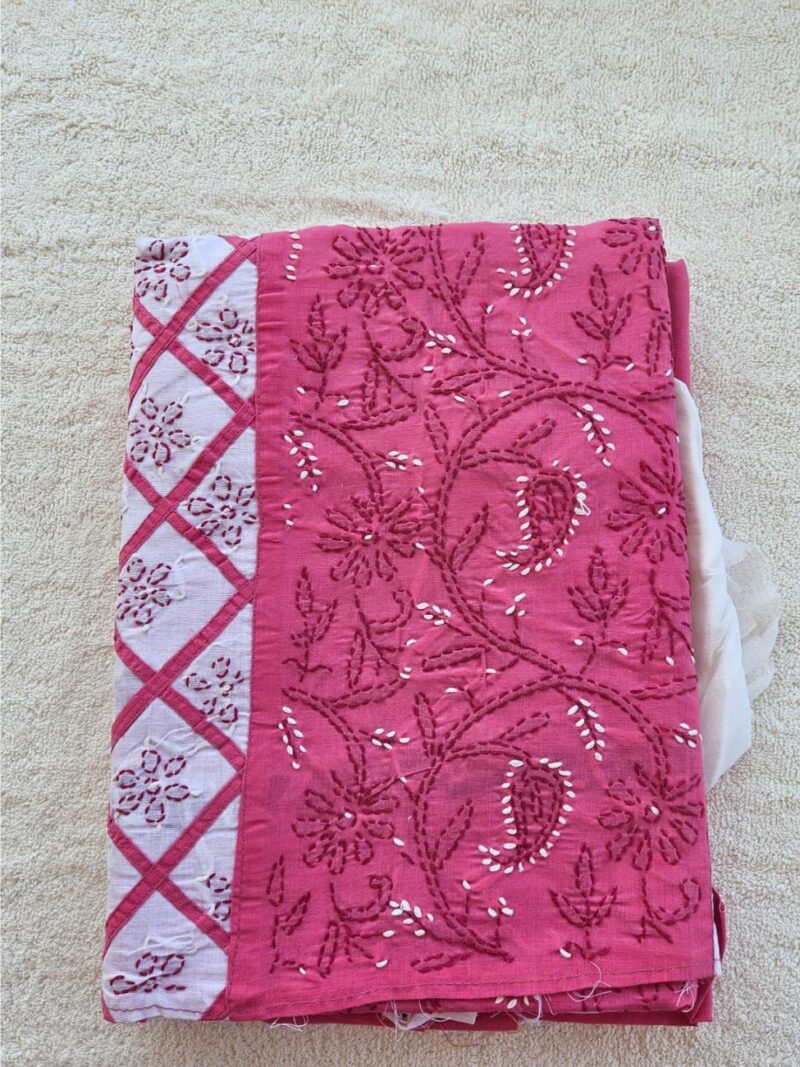 Hand embroidered Pure Cotton Lucknow Chikankari Dress Material with Chiffon dupatta - Pink and White