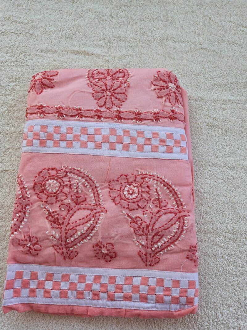 Hand embroidered Pure Cotton Lucknow Chikankari Dress Material with Chiffon dupatta - Peach and White