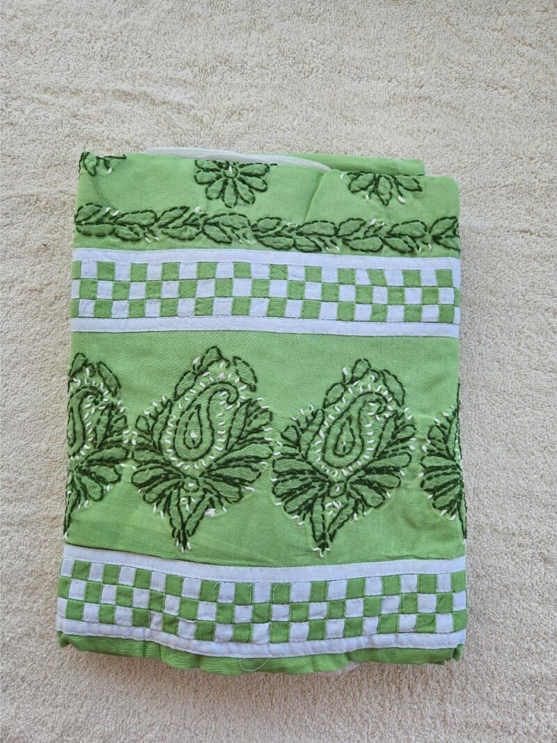 Hand embroidered Pure Cotton Lucknow Chikankari Dress Material with Chiffon dupatta - Green and White