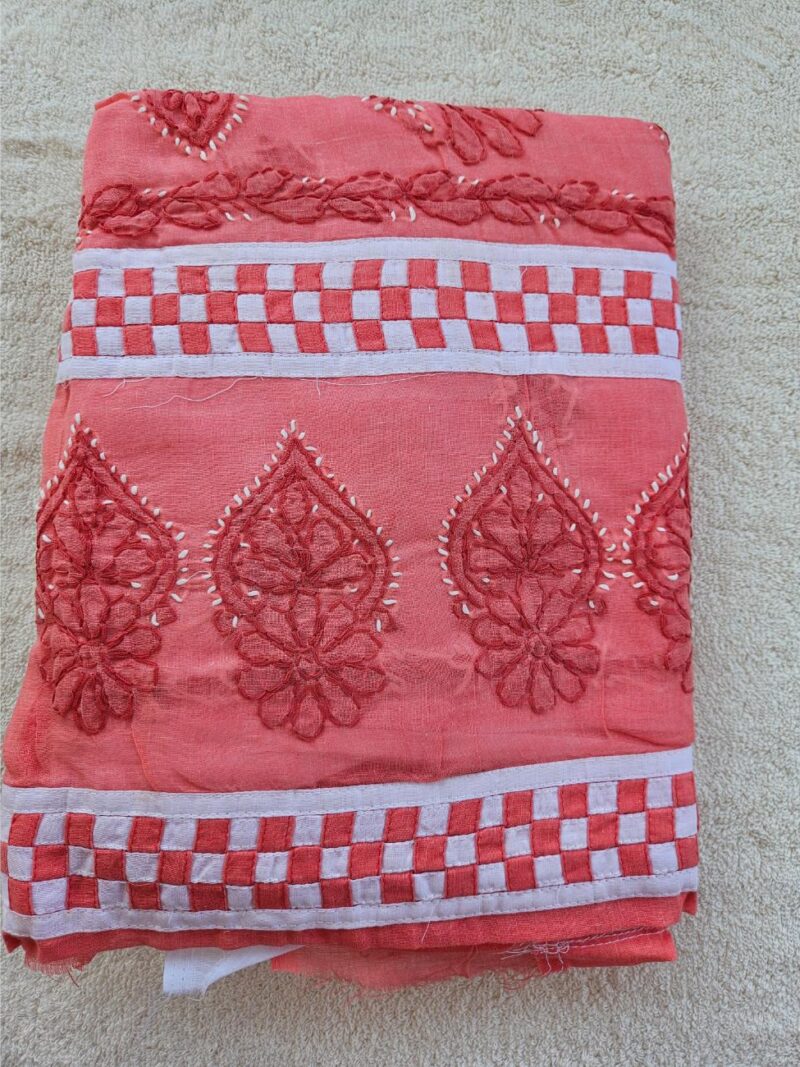 Hand embroidered Pure Cotton Lucknow Chikankari Dress Material with Chiffon dupatta - Peach and White
