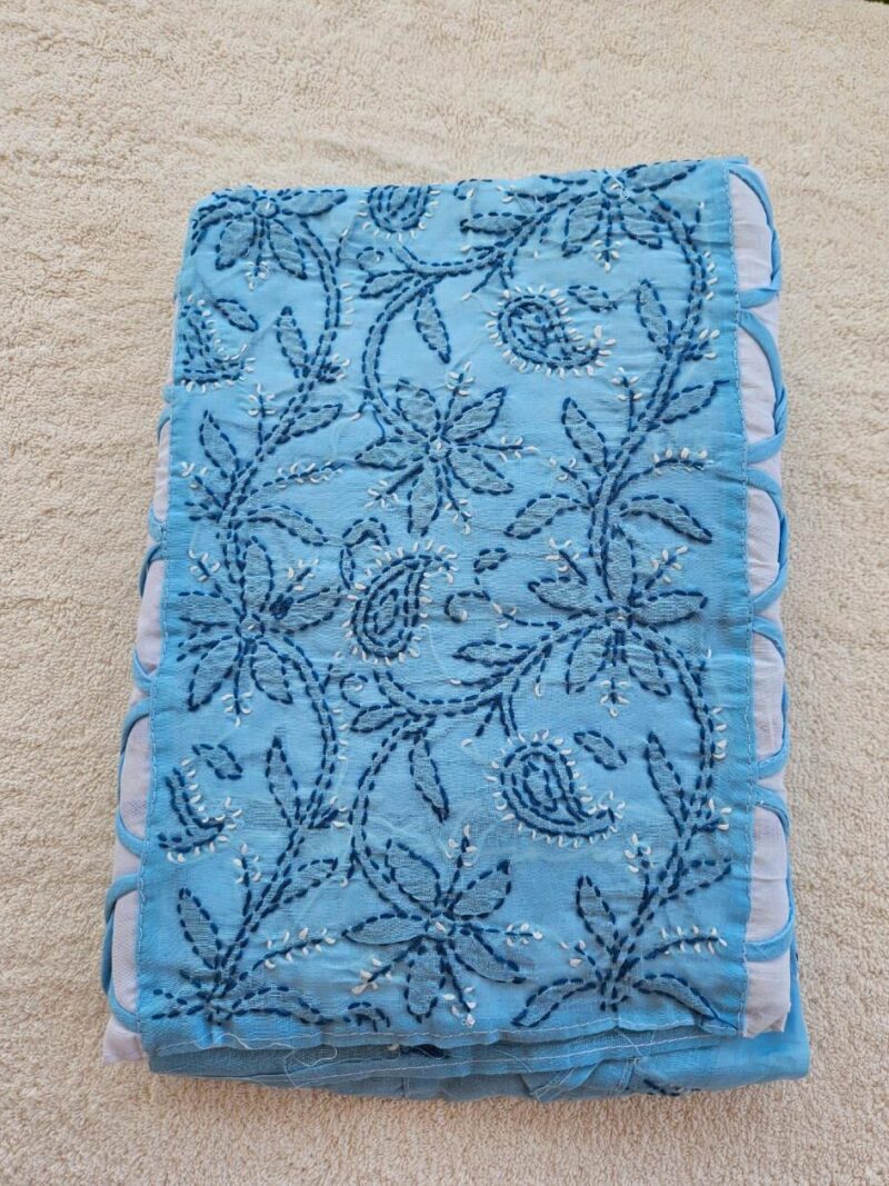 Hand embroidered Pure Cotton Lucknow Chikankari Dress Material with Chiffon dupatta - Blue and White