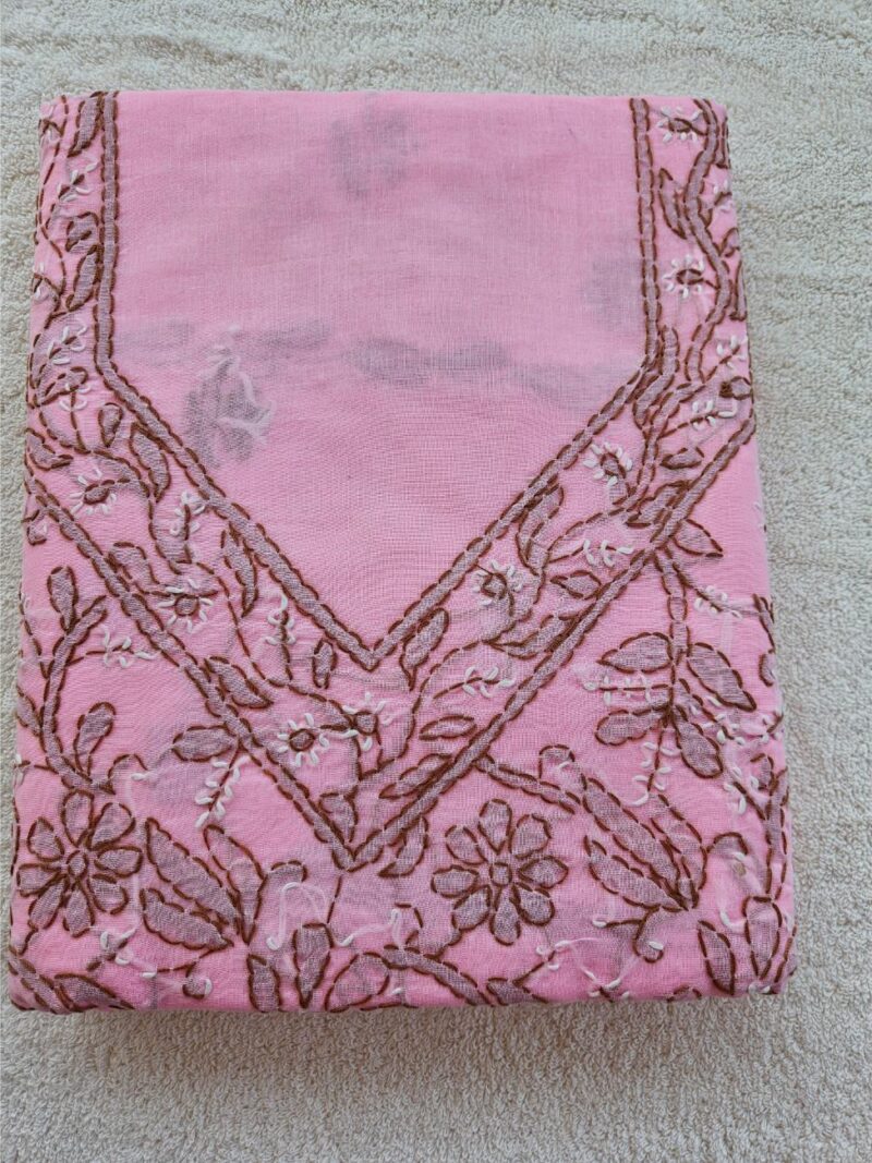 Hand embroidered Pure Cotton Lucknow Chikankari Dress Material - Pink and Brown