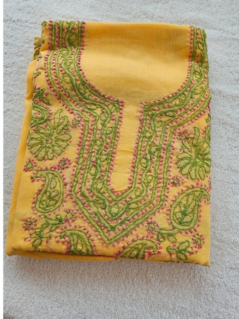 Hand embroidered Pure Cotton Lucknow Chikankari Dress Material - Yellow and Green
