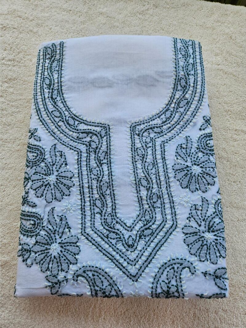 Hand embroidered Pure Cotton Lucknow Chikankari Dress Material - White and Dark Green