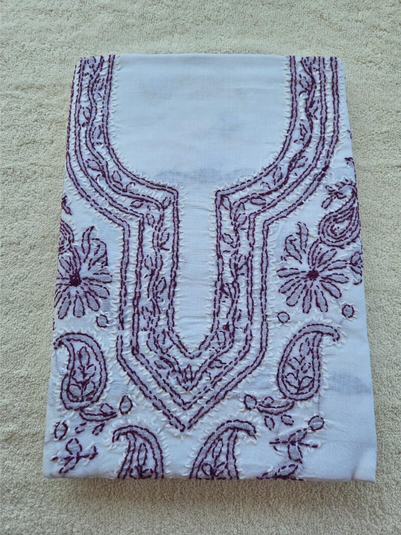 Hand embroidered Pure Cotton Lucknow Chikankari Dress Material - White and Purple