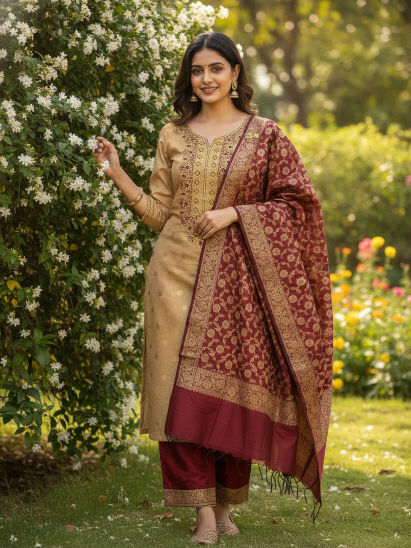 Chanderi Dress material with Banarasi Dupatta Unstitched-Maroon and Gold
