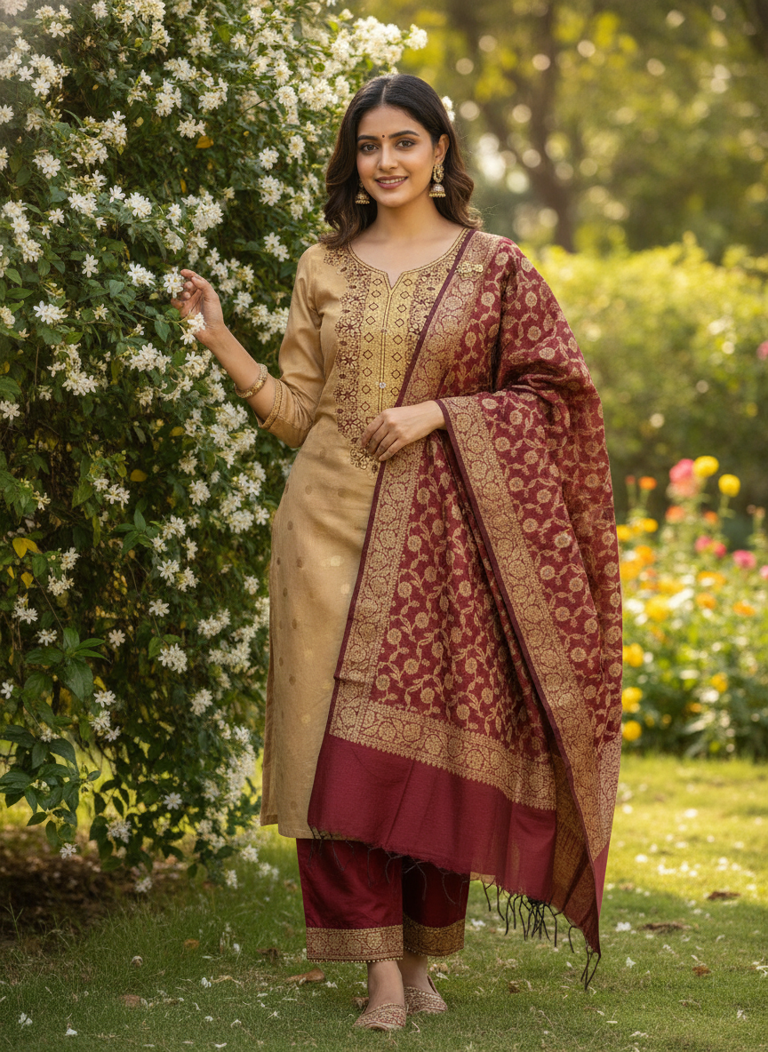 Chanderi Dress material with Banarasi Dupatta Unstitched-Maroon and Gold