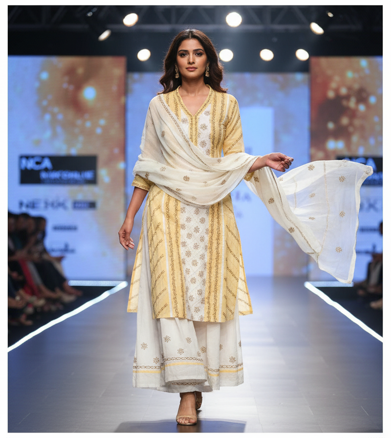 Hand embroidered Pure Cotton Lucknow Chikankari Dress Material with Chiffon dupatta - Badami and White