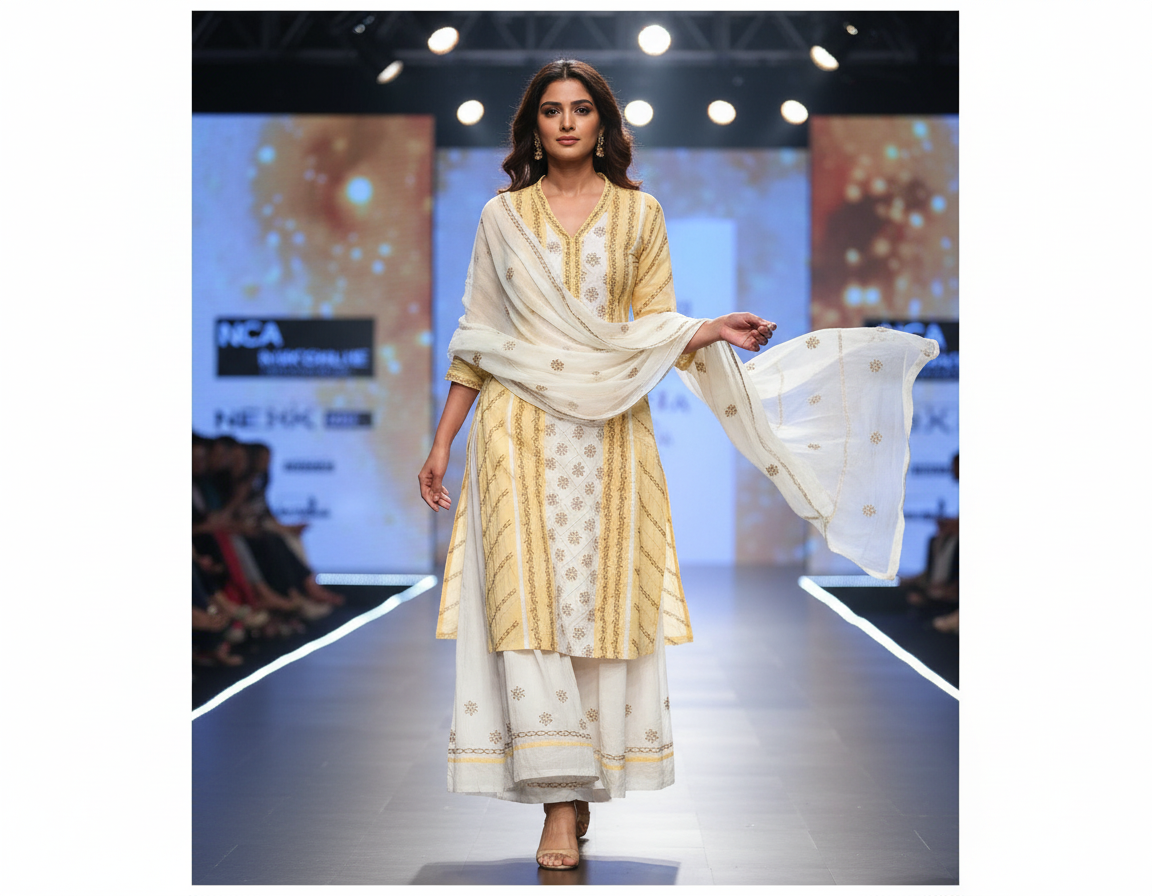 Hand embroidered Pure Cotton Lucknow Chikankari Dress Material with Chiffon dupatta - Badami and White