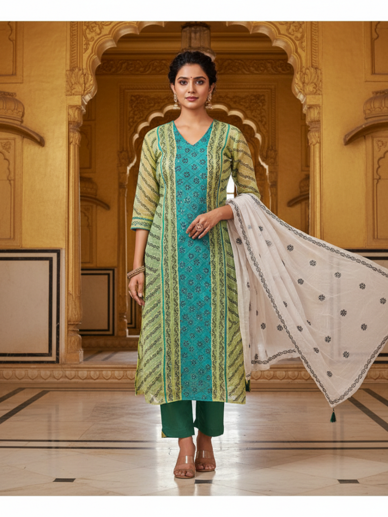Hand embroidered Pure Cotton Lucknow Chikankari Dress Material with Chiffon dupatta - Green and Terquoise