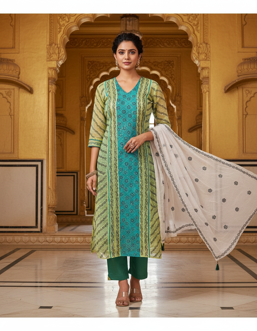 Hand embroidered Pure Cotton Lucknow Chikankari Dress Material with Chiffon dupatta - Green and Terquoise