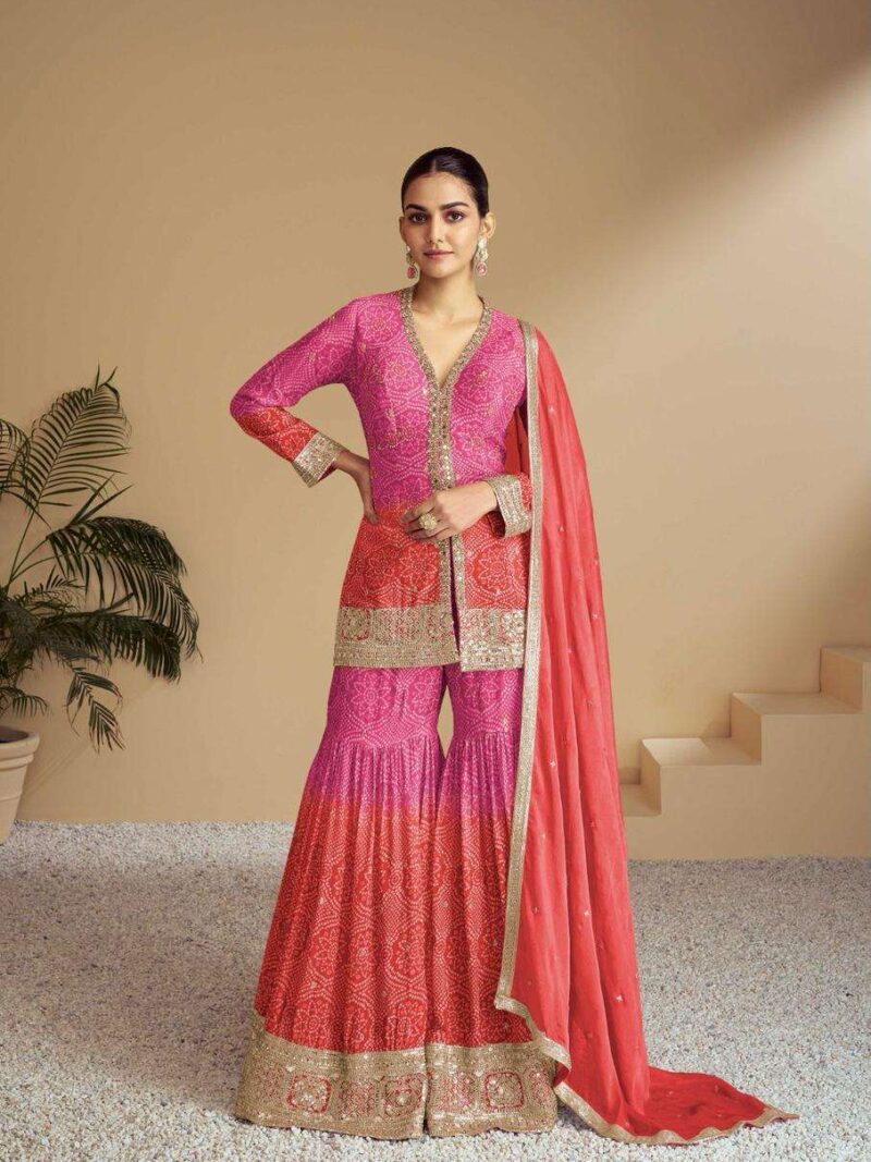 Surmayee Designer Readymade Sharara Suit-Pink and Orange