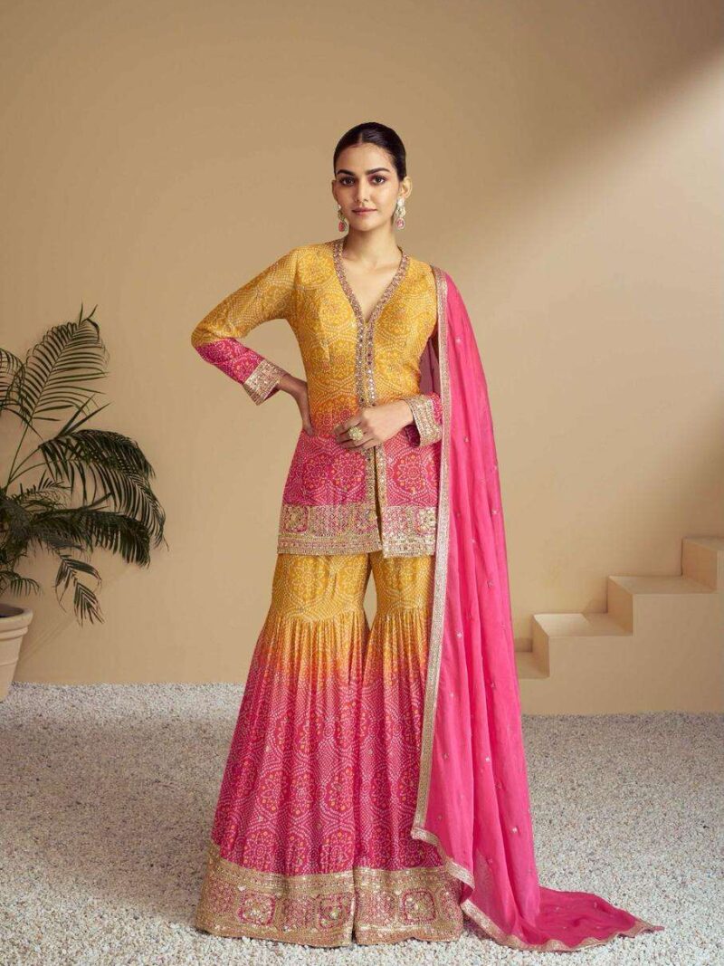 Surmayee Designer Readymade Sharara Suit-Pink and Yellow