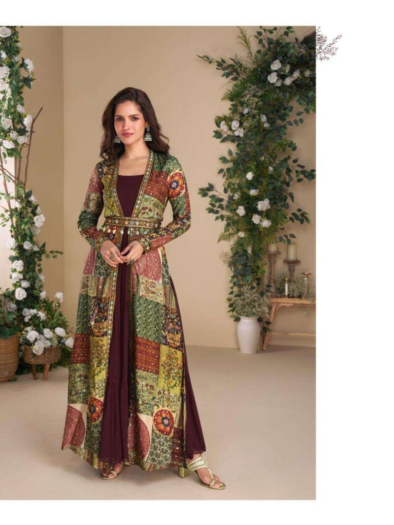 Surmayee Designer Readymade Indo Western Dress with Shrug-Brown