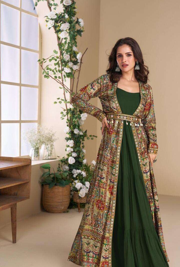 Surmayee Designer Readymade Indo Western Dress with Shrug-Green