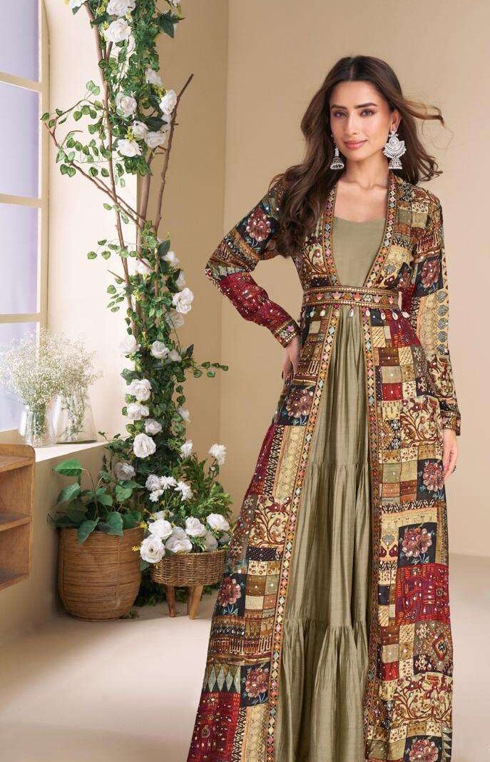 Surmayee Designer Readymade Indo Western Dress with Shrug-Pista
