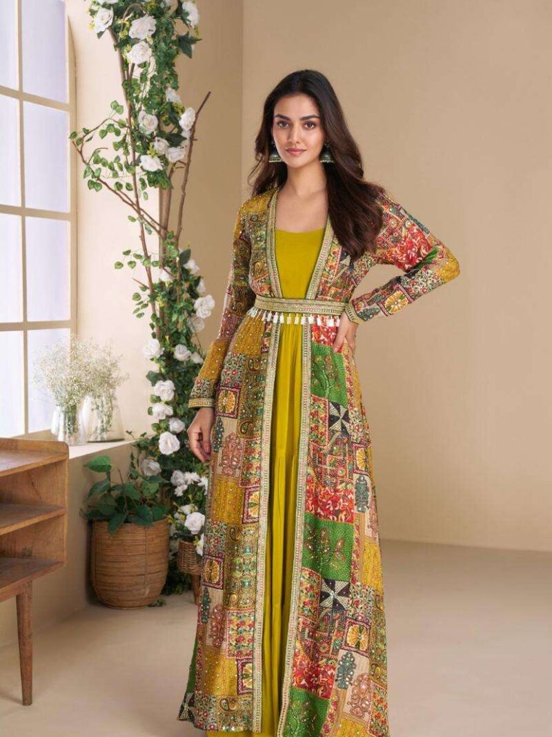 Surmayee Designer Readymade Indo Western Dress with Shrug-Yellow