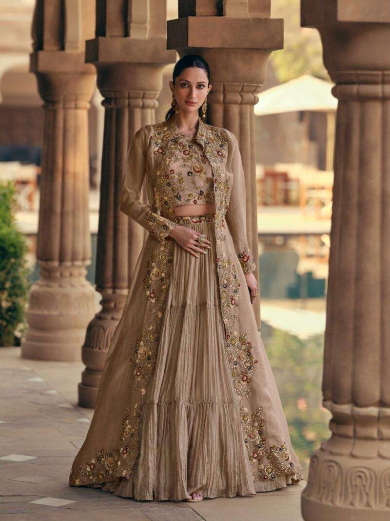 Surmayee Designer Readymade Lehenga with Shrug-Chikoo