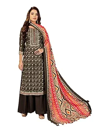 Women's Unstitched Premium Pashmina Dress material with Shawl dupatta - Dark Brown