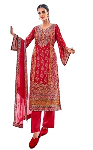 Women's Unstitched Premium Pashmina Dress material with Chiffon dupatta - Red