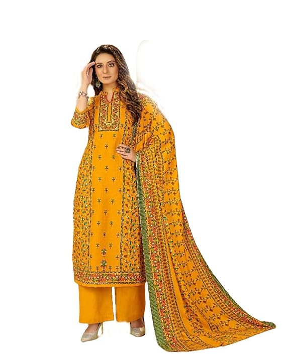 Women's Unstitched Premium Pashmina Dress material with Shawl dupatta -Yellow