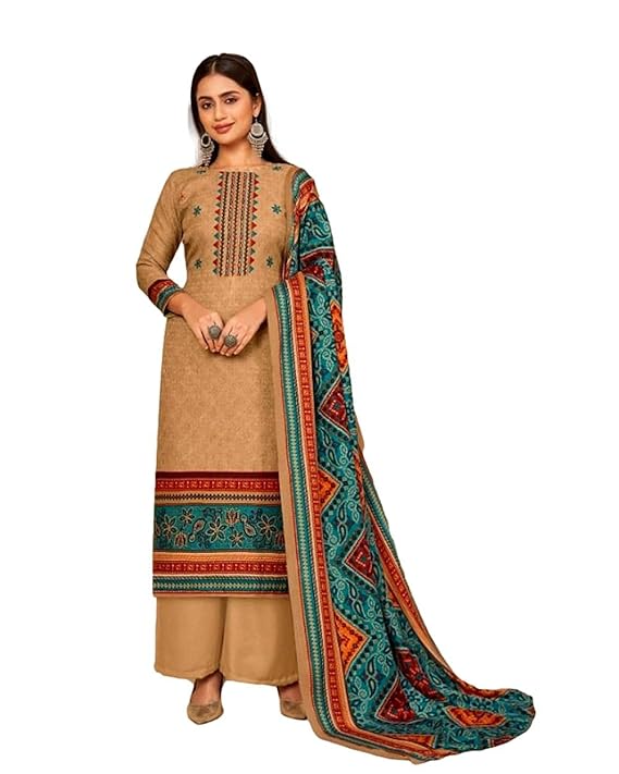 Women's Unstitched Premium Pashmina Dress material with Shawl dupatta- Chiku/Badami