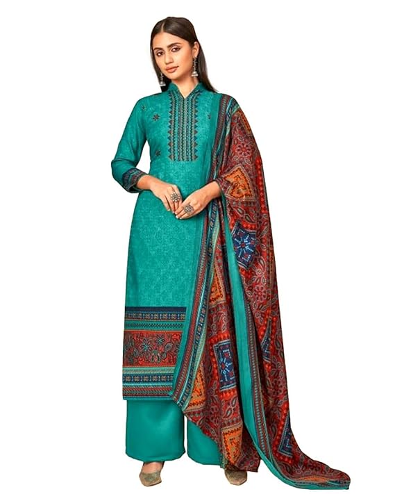 Women's Unstitched Premium Pashmina Dress material with Shawl dupatta- Turquoise
