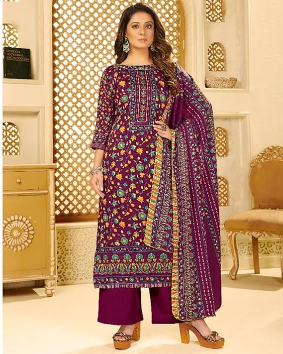 Women's Unstitched Premium Pashmina Dress material with Shawl dupatta - Purple