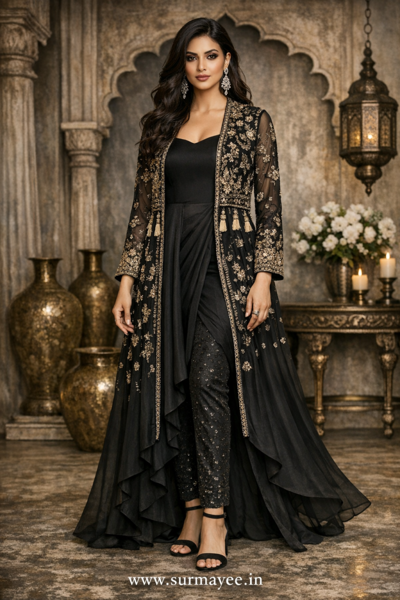 Readymade Indo Western dress with jacket in turquoise black and beige — Surmayee.in