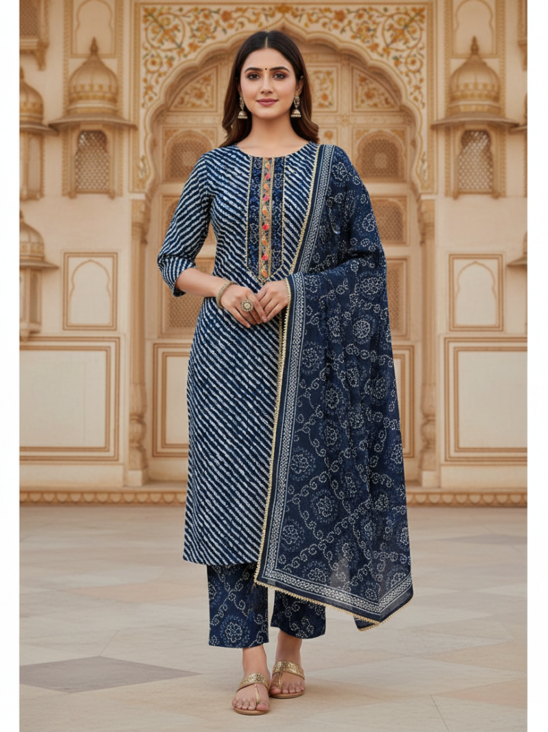 Pure Cotton hand block printed women's dress material with pure cotton dupatta - Blue (Unstitched)