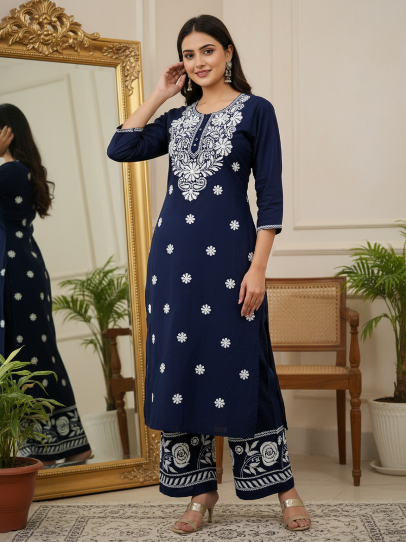 Cotton Kurta Set-Navy Blue